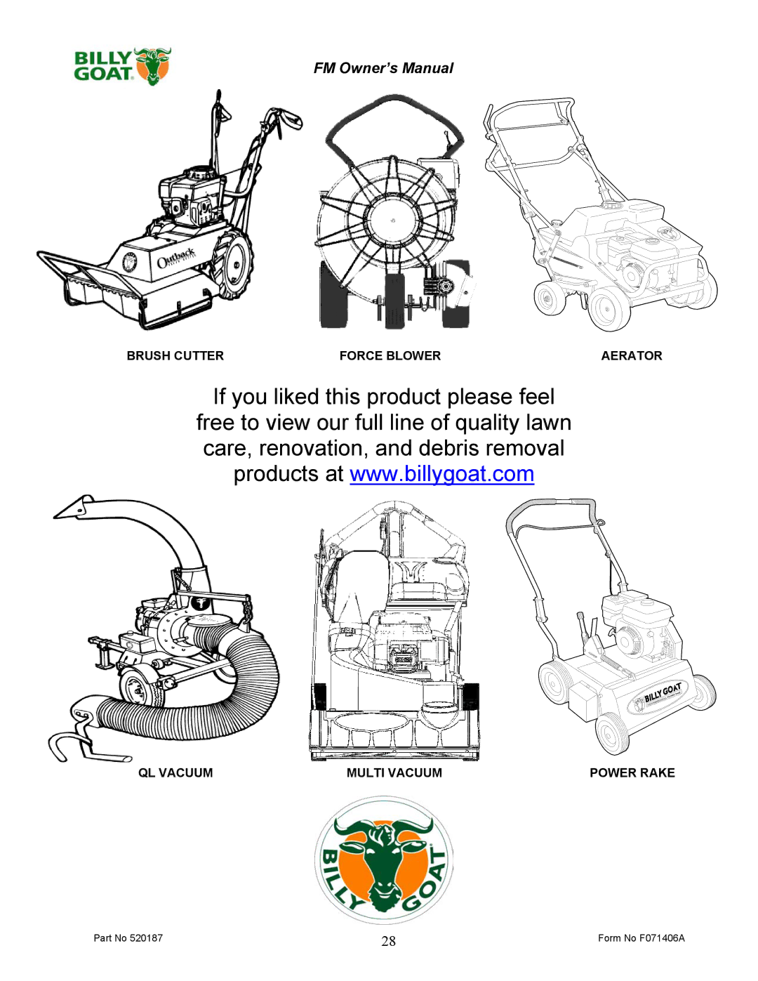 Billy Goat FM3301, FM3301E owner manual Form No F071406A 