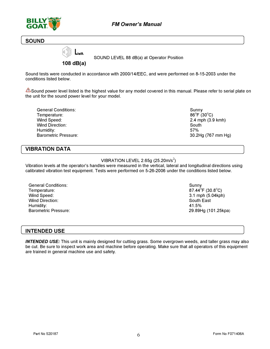 Billy Goat FM3301, FM3301E owner manual Sound, Vibration Data, Intended USE 