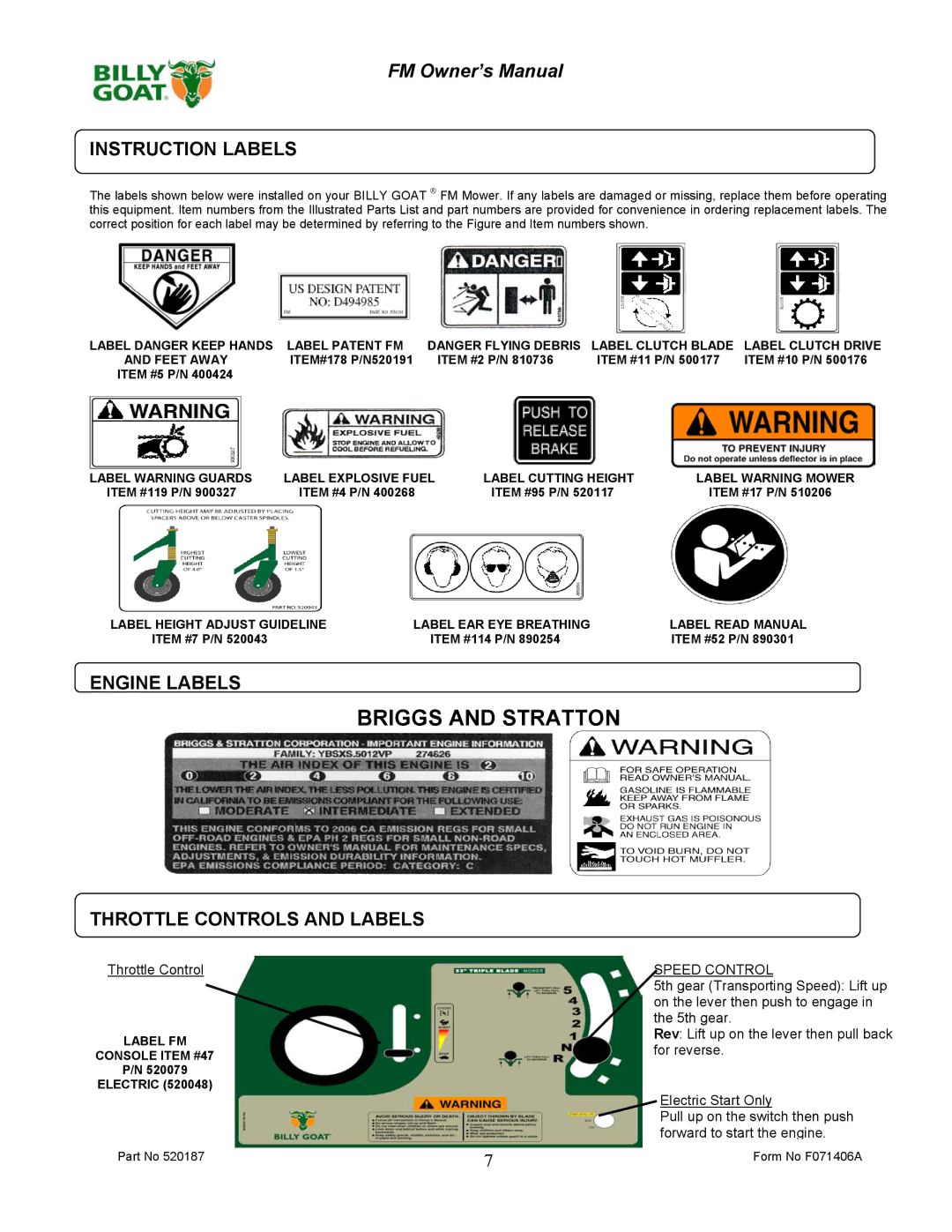 Billy Goat FM3301, FM3301E owner manual Instruction Labels, Engine Labels, Throttle Controls and Labels 