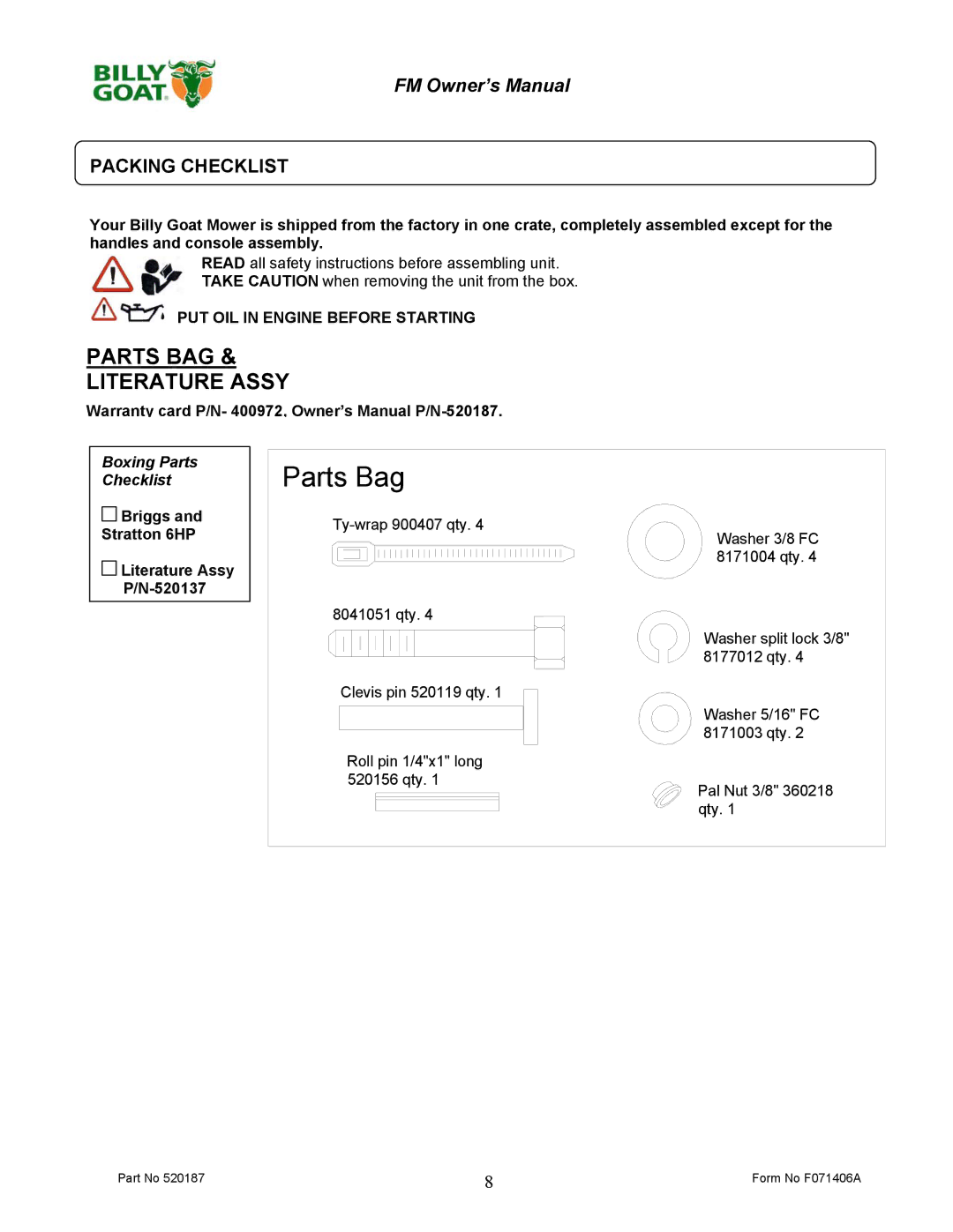 Billy Goat FM3301, FM3301E owner manual Packing Checklist, PUT OIL in Engine Before Starting 