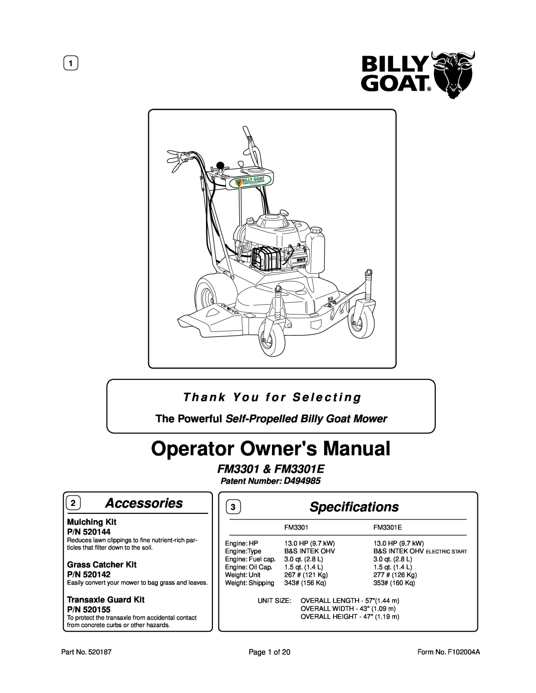 Billy Goat owner manual Accessories, Speciﬁcations, T h a n k Y o u f o r S e l e c t i n g, FM3301 & FM3301E 