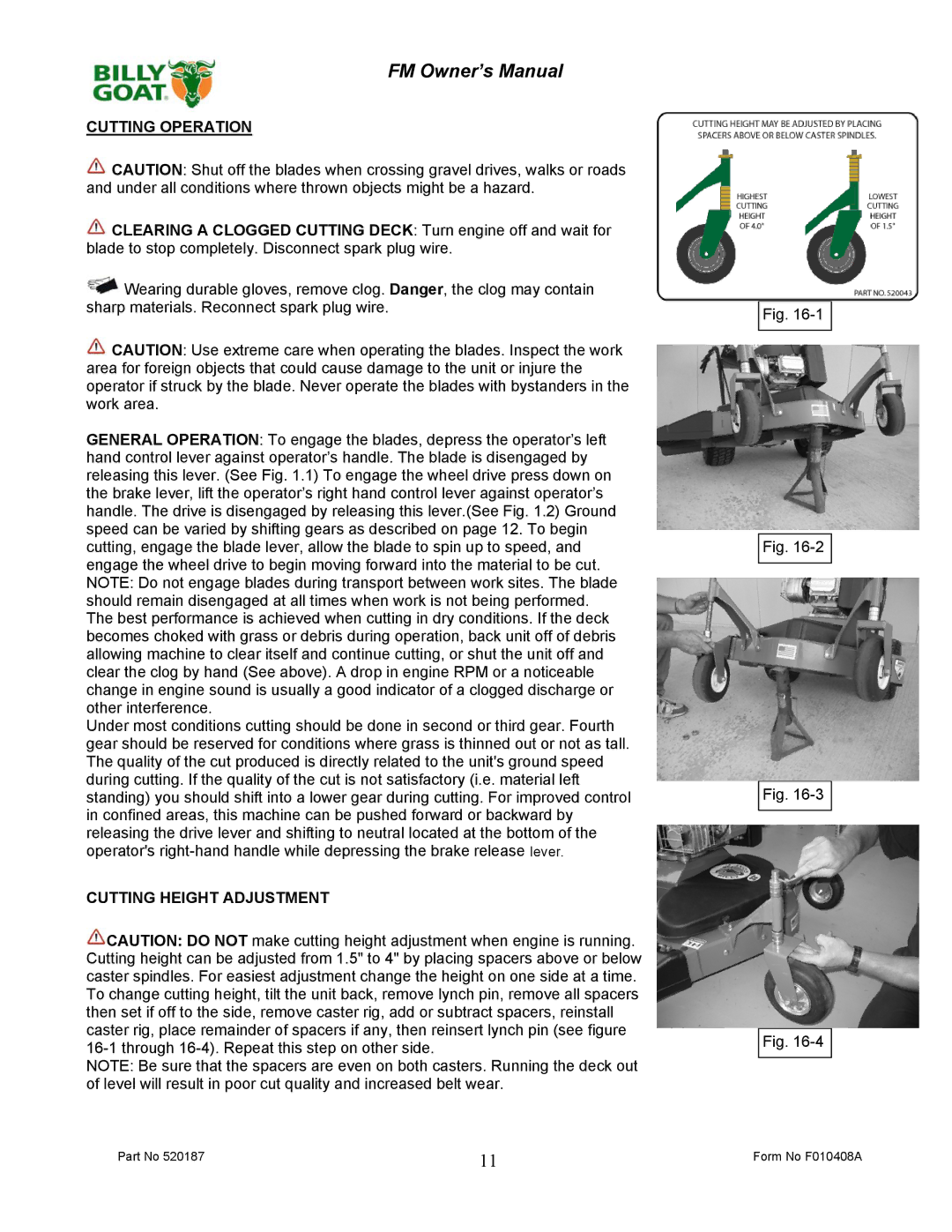 Billy Goat FM3301EB owner manual Cutting Operation, Cutting Height Adjustment 