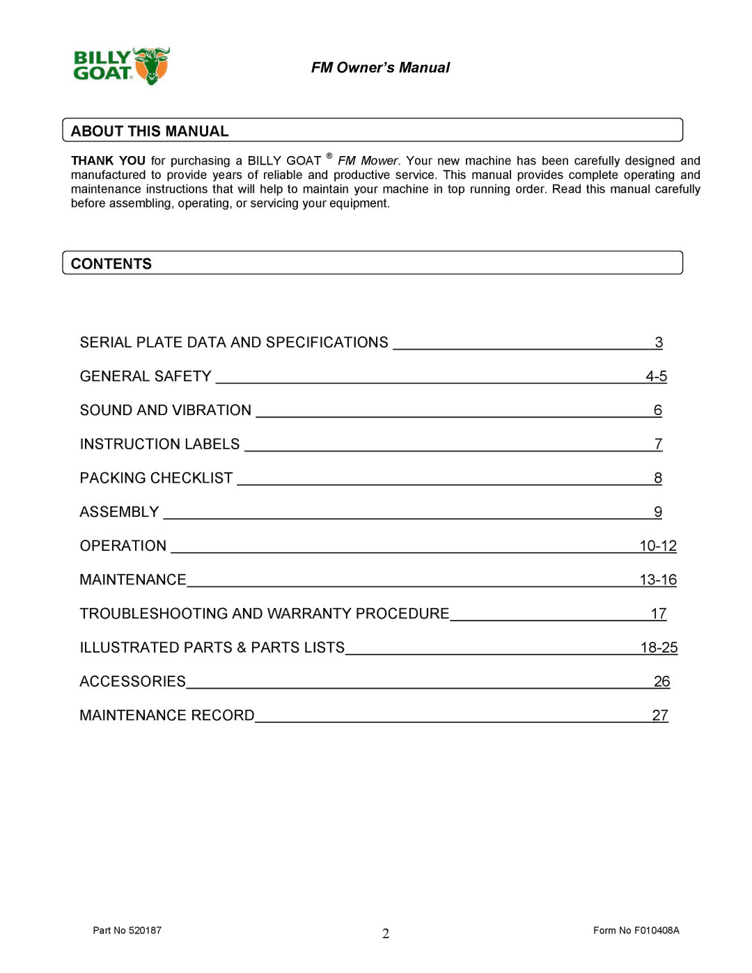 Billy Goat FM3301EB owner manual About this Manual, Contents 