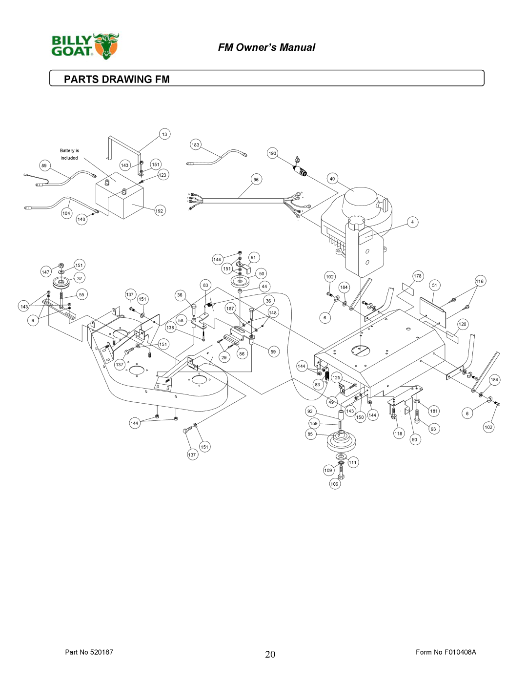 Billy Goat FM3301EB owner manual Battery is included 104 140 151 147 143 183 190 123 