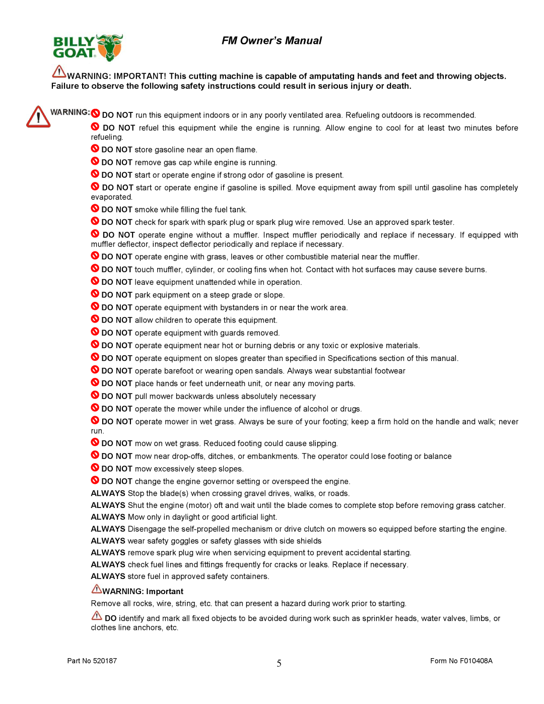 Billy Goat FM3301EB owner manual Form No F010408A 