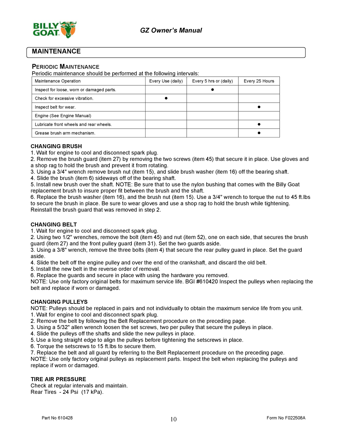 Billy Goat GZ401H, GZ451S owner manual Periodic Maintenance 