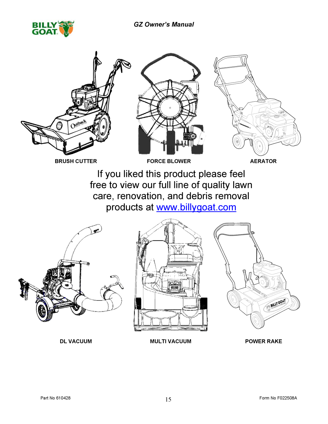 Billy Goat GZ451S, GZ401H owner manual Form No F022508A 