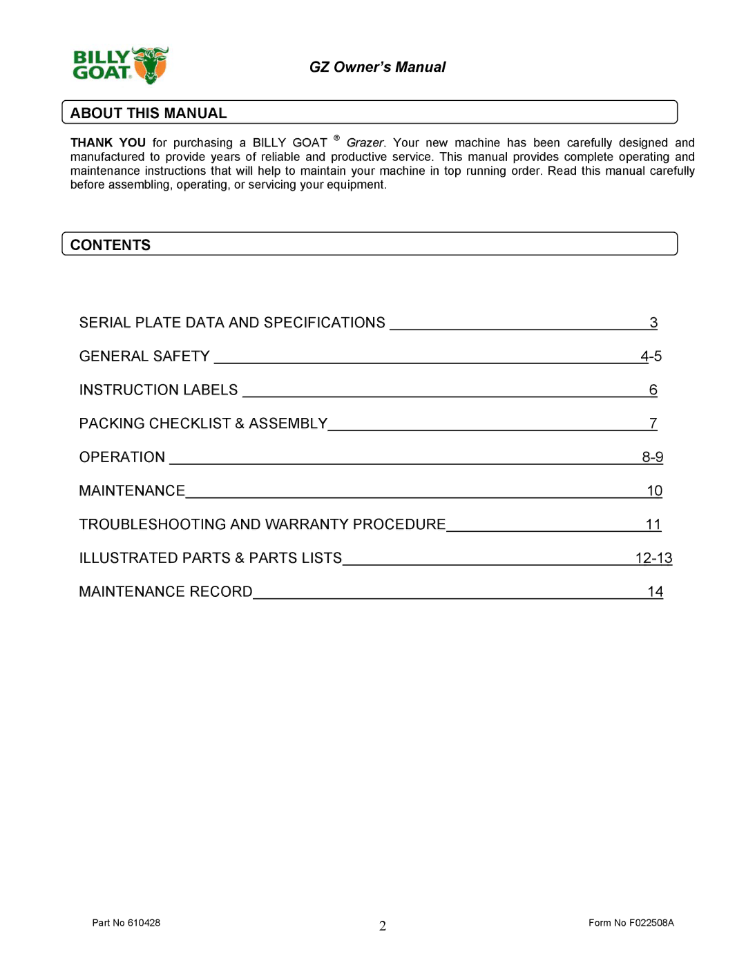 Billy Goat GZ401H, GZ451S owner manual About this Manual, Contents 