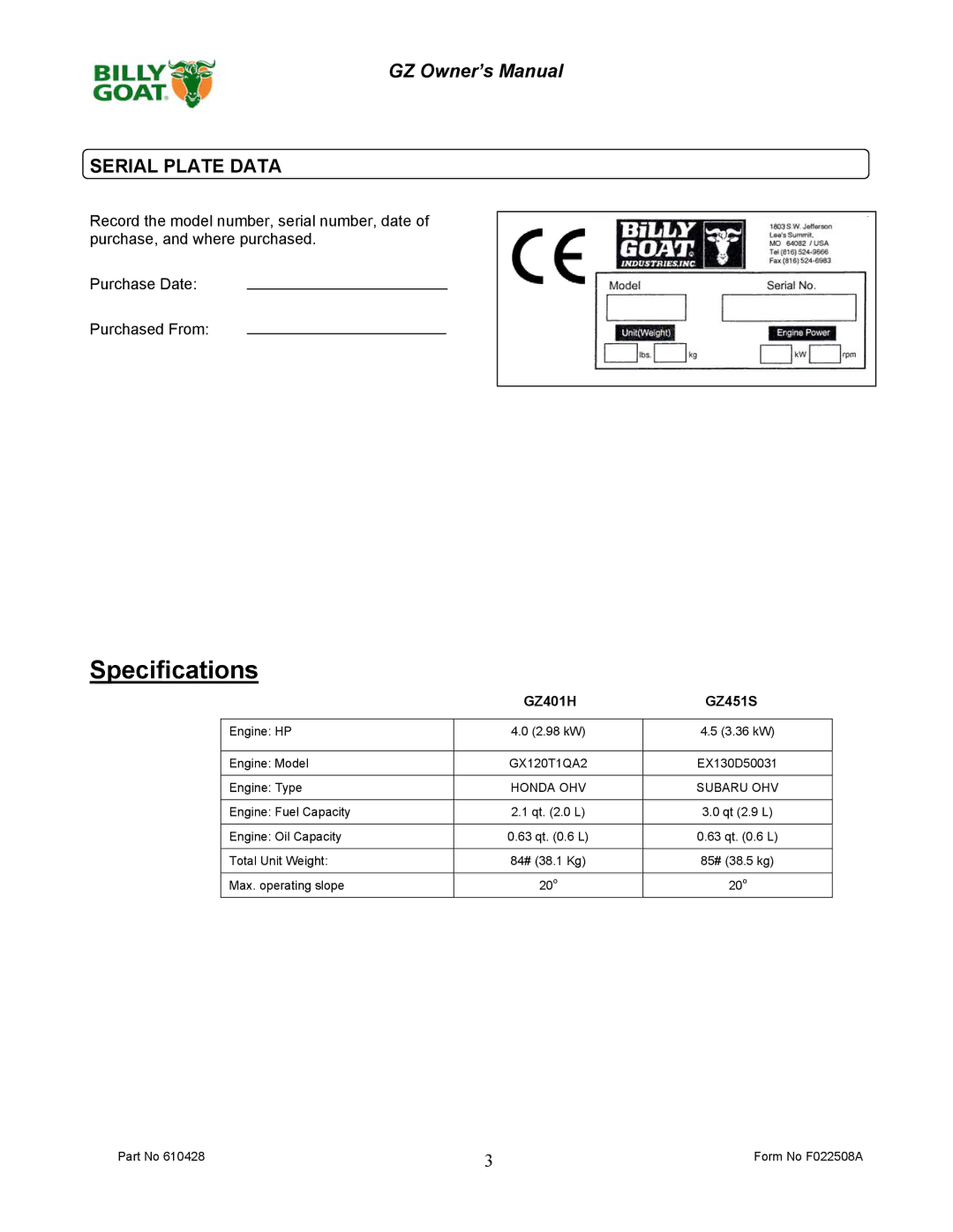 Billy Goat GZ451S, GZ401H owner manual Specifications, Serial Plate Data 