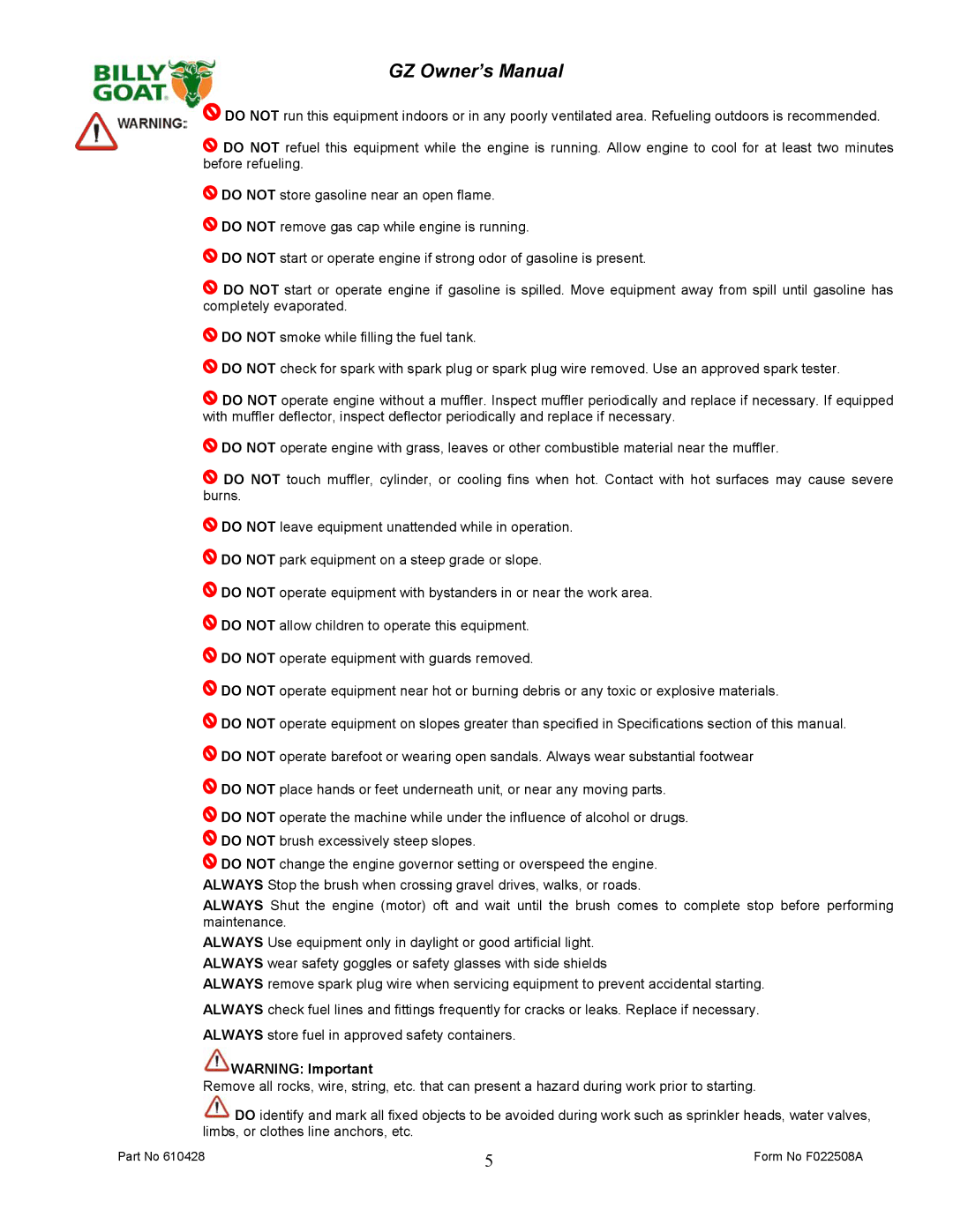 Billy Goat GZ451S, GZ401H owner manual Form No F022508A 