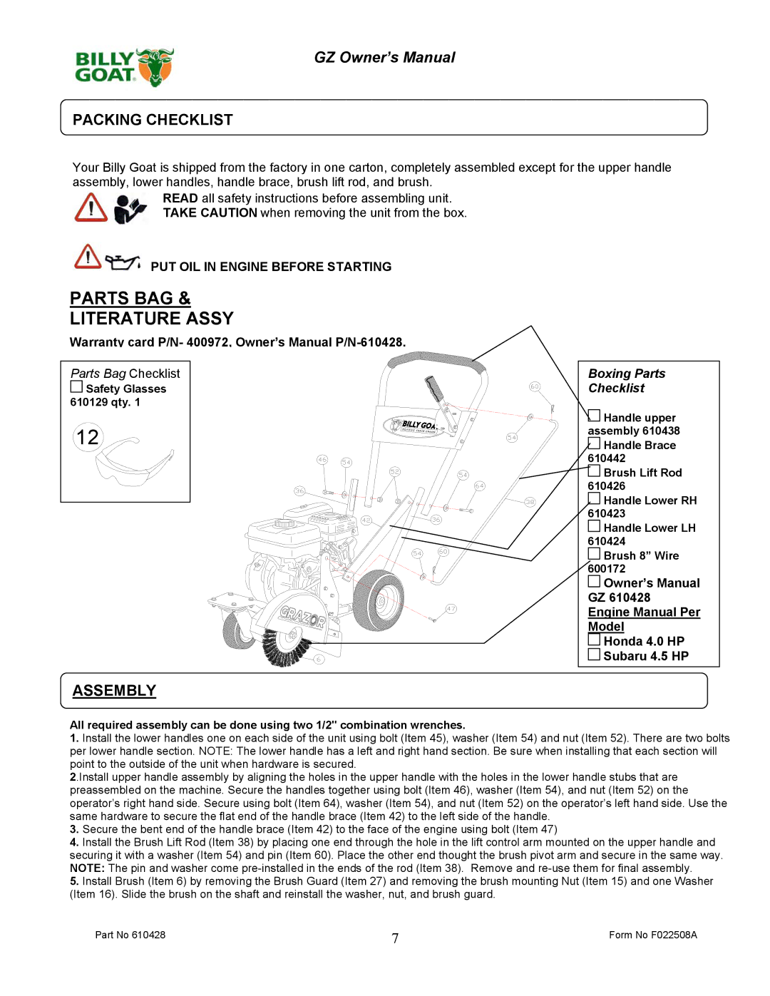 Billy Goat GZ451S, GZ401H owner manual Packing Checklist, Assembly 