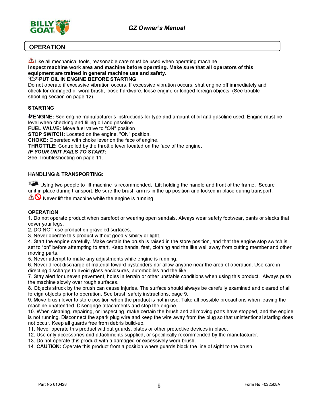 Billy Goat GZ401H, GZ451S owner manual Operation, Starting 