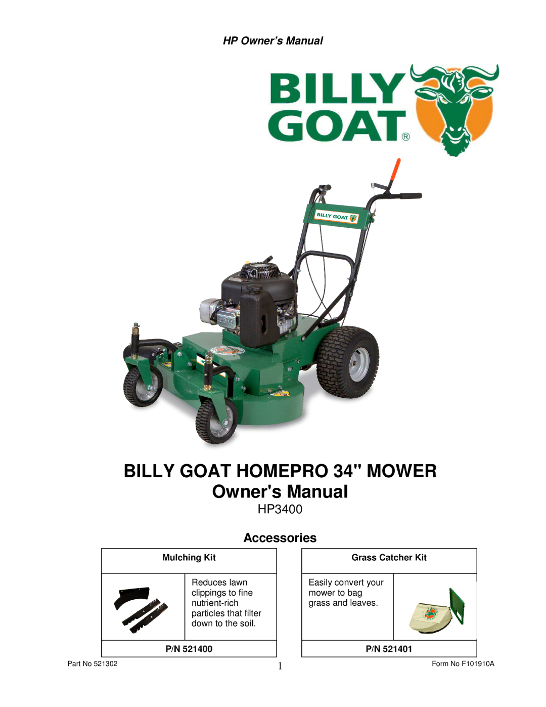 Billy Goat HP3400 owner manual Billy Goat Homepro 34 Mower 