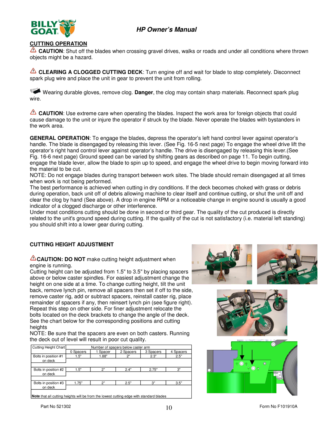 Billy Goat HP3400 owner manual Cutting Operation, Cutting Height Adjustment 