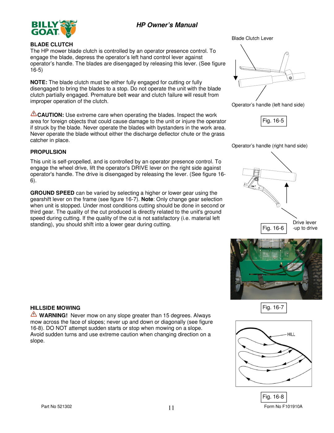 Billy Goat HP3400 owner manual Blade Clutch, Propulsion, Hillside Mowing 