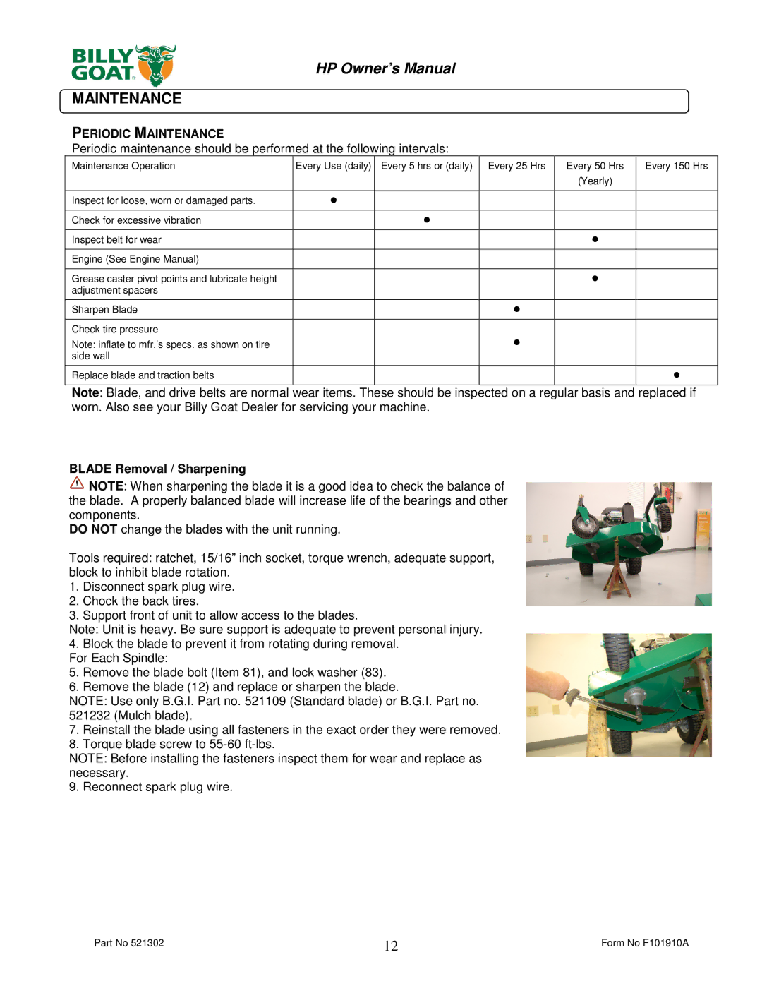 Billy Goat HP3400 owner manual Periodic Maintenance 