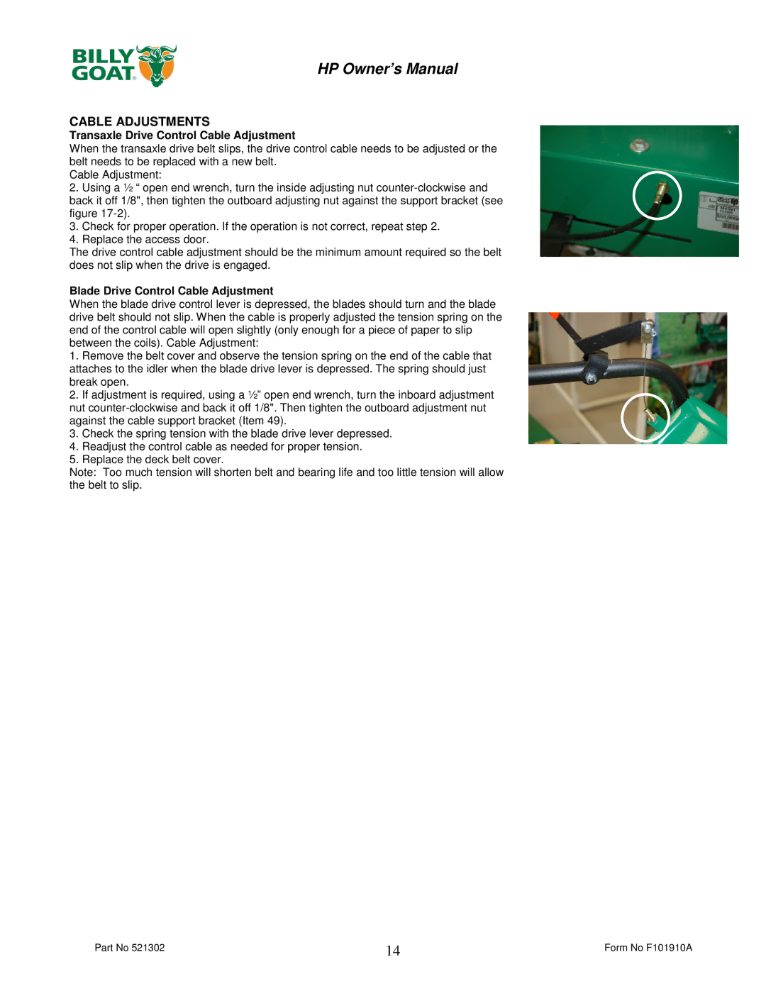 Billy Goat HP3400 owner manual Cable Adjustments, Transaxle Drive Control Cable Adjustment 