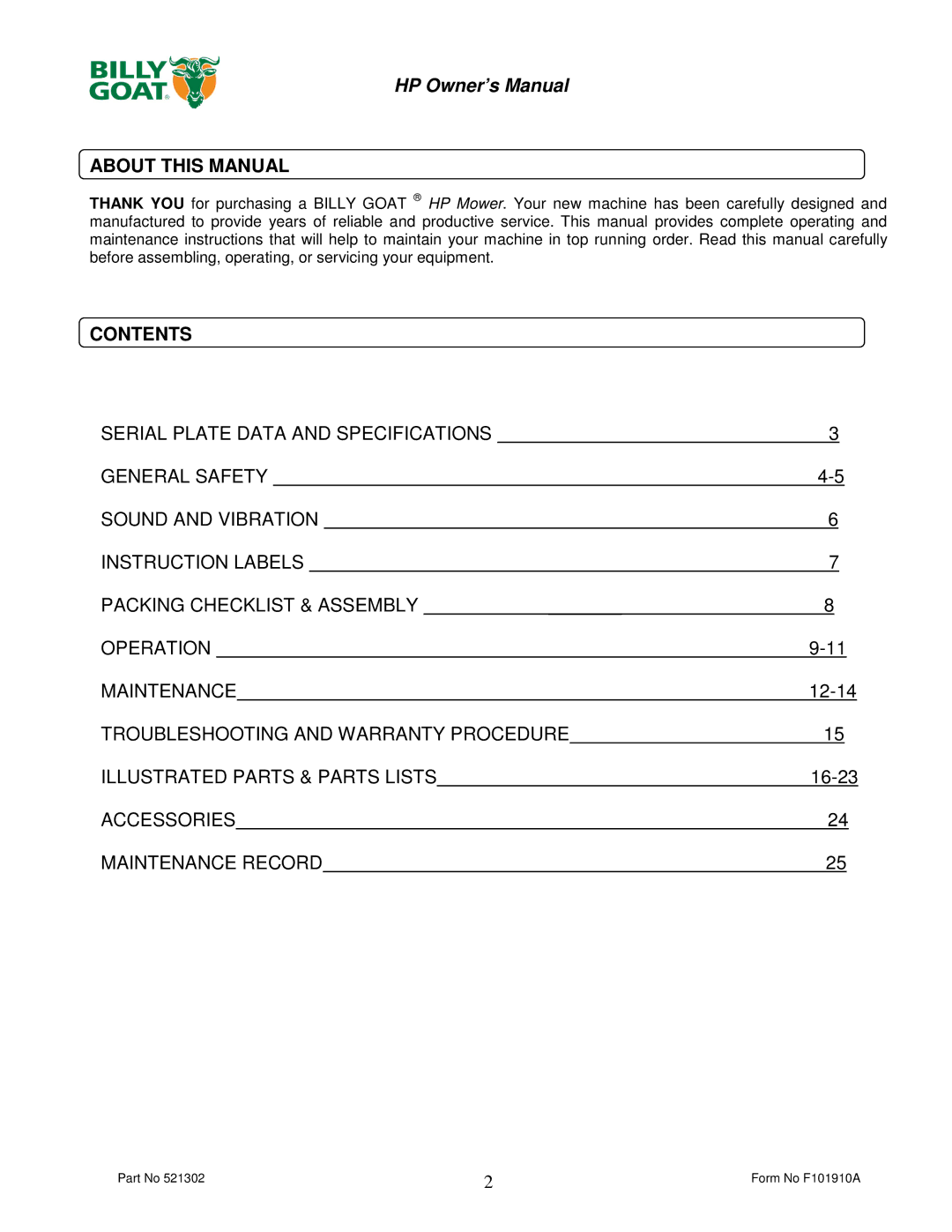 Billy Goat HP3400 owner manual About this Manual, Contents 