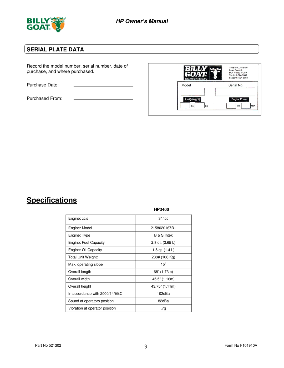 Billy Goat HP3400 owner manual Specifications, Serial Plate Data 