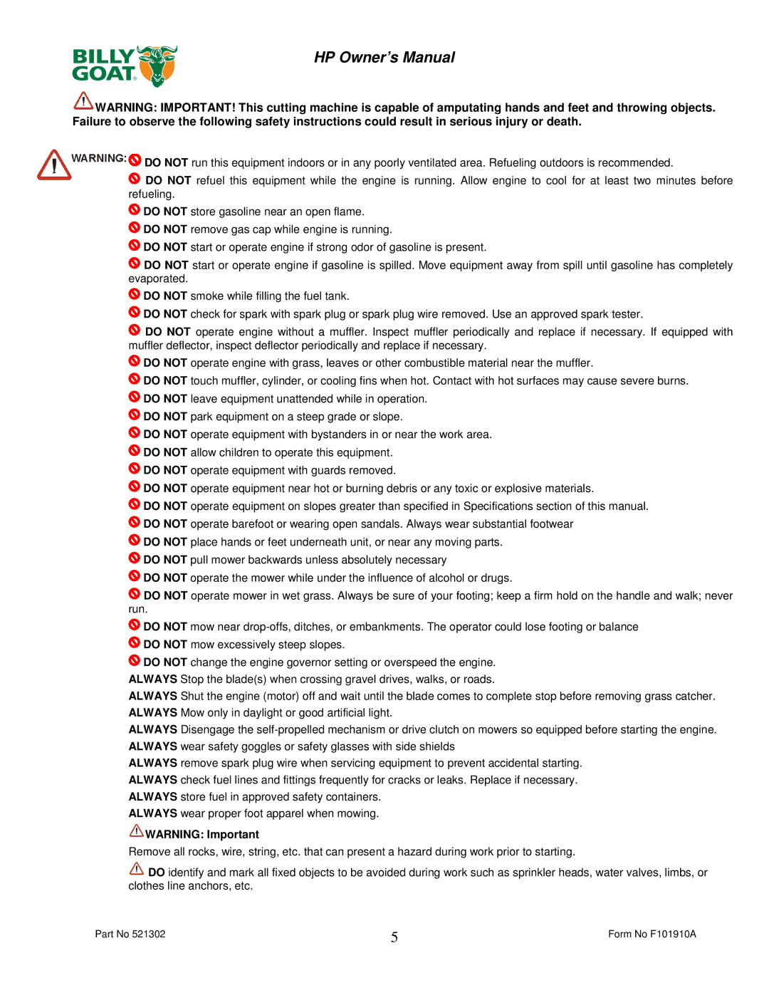 Billy Goat HP3400 owner manual Form No F101910A 