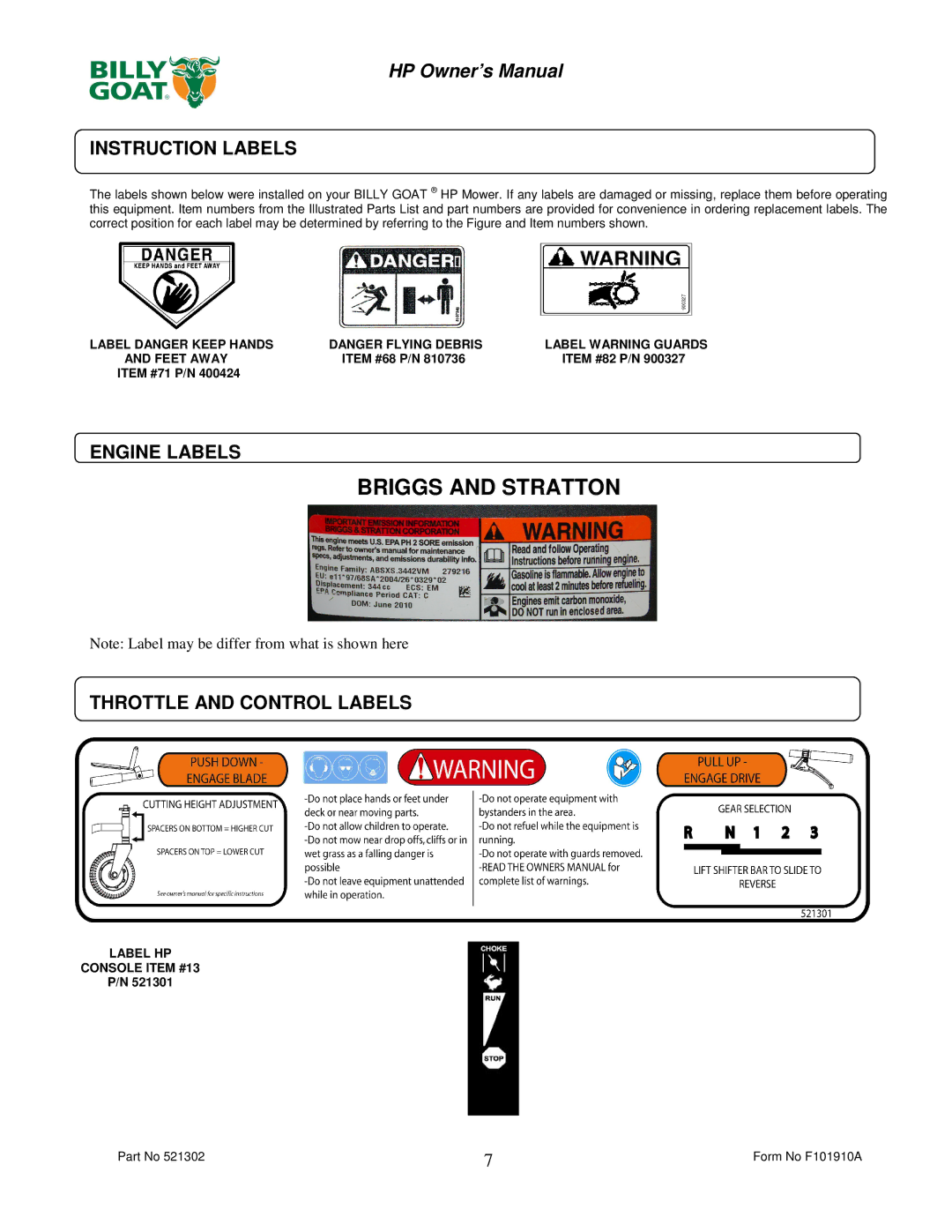 Billy Goat HP3400 owner manual Instruction Labels, Engine Labels, Throttle and Control Labels 