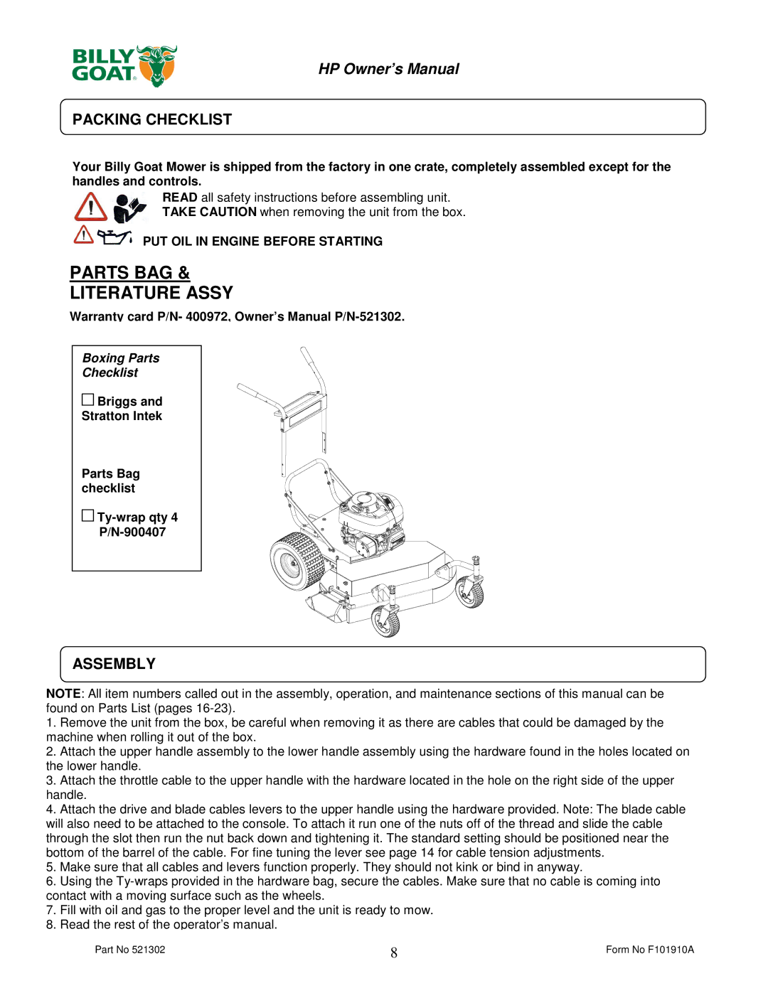 Billy Goat HP3400 owner manual Packing Checklist, Assembly, PUT OIL in Engine Before Starting 