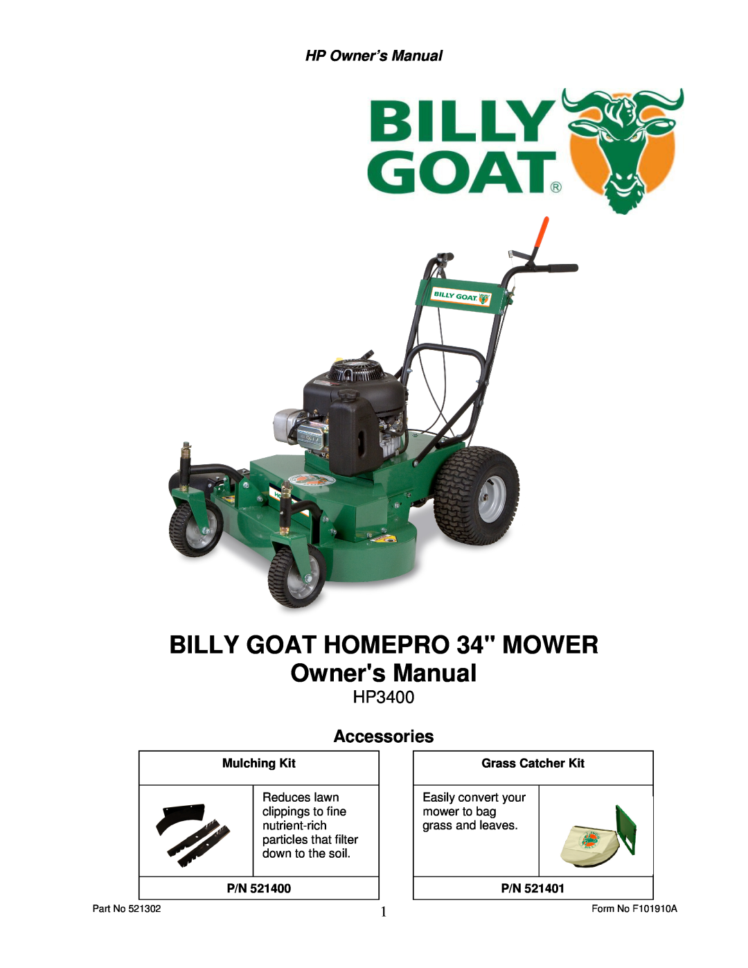 Billy Goat HP3400 owner manual Accessories, HP Owner’s Manual, BILLY GOAT HOMEPRO 34 MOWER Owners Manual, Mulching Kit 