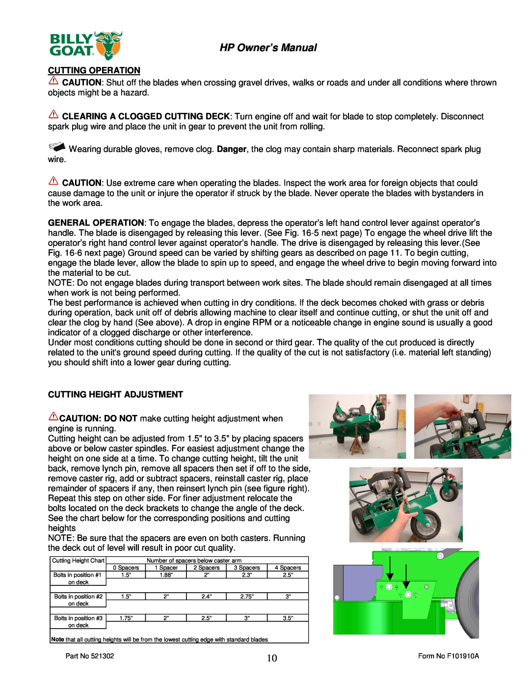 Billy Goat HP3400 owner manual HP Owner’s Manual, Cutting Operation, Cutting Height Adjustment 