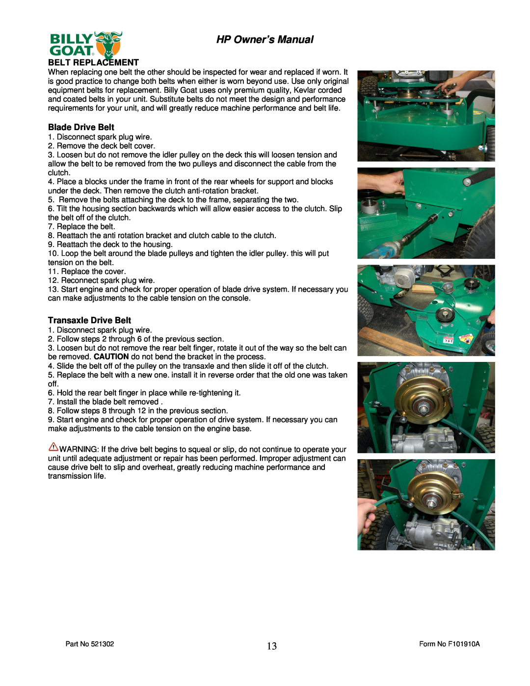 Billy Goat HP3400 owner manual HP Owner’s Manual, Belt Replacement, Blade Drive Belt, Transaxle Drive Belt 