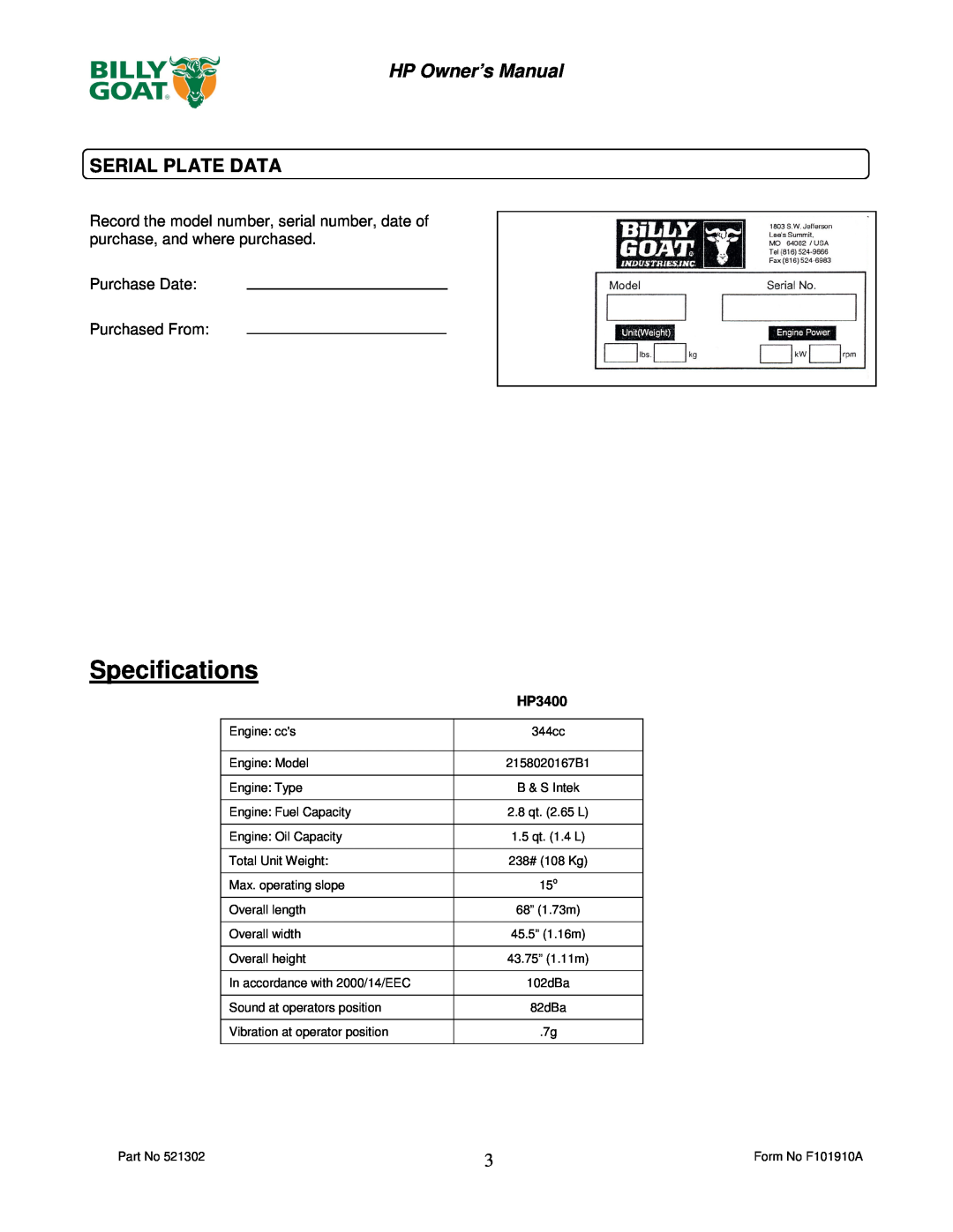 Billy Goat HP3400 owner manual Serial Plate Data, Specifications, HP Owner’s Manual 