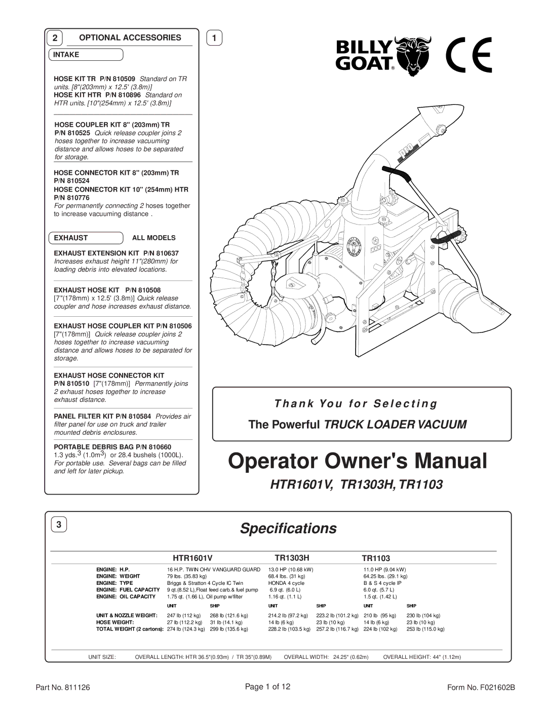 Billy Goat TR1303H, HTR1601V, TR1103 specifications Optional Accessories, Form No. F021602B 
