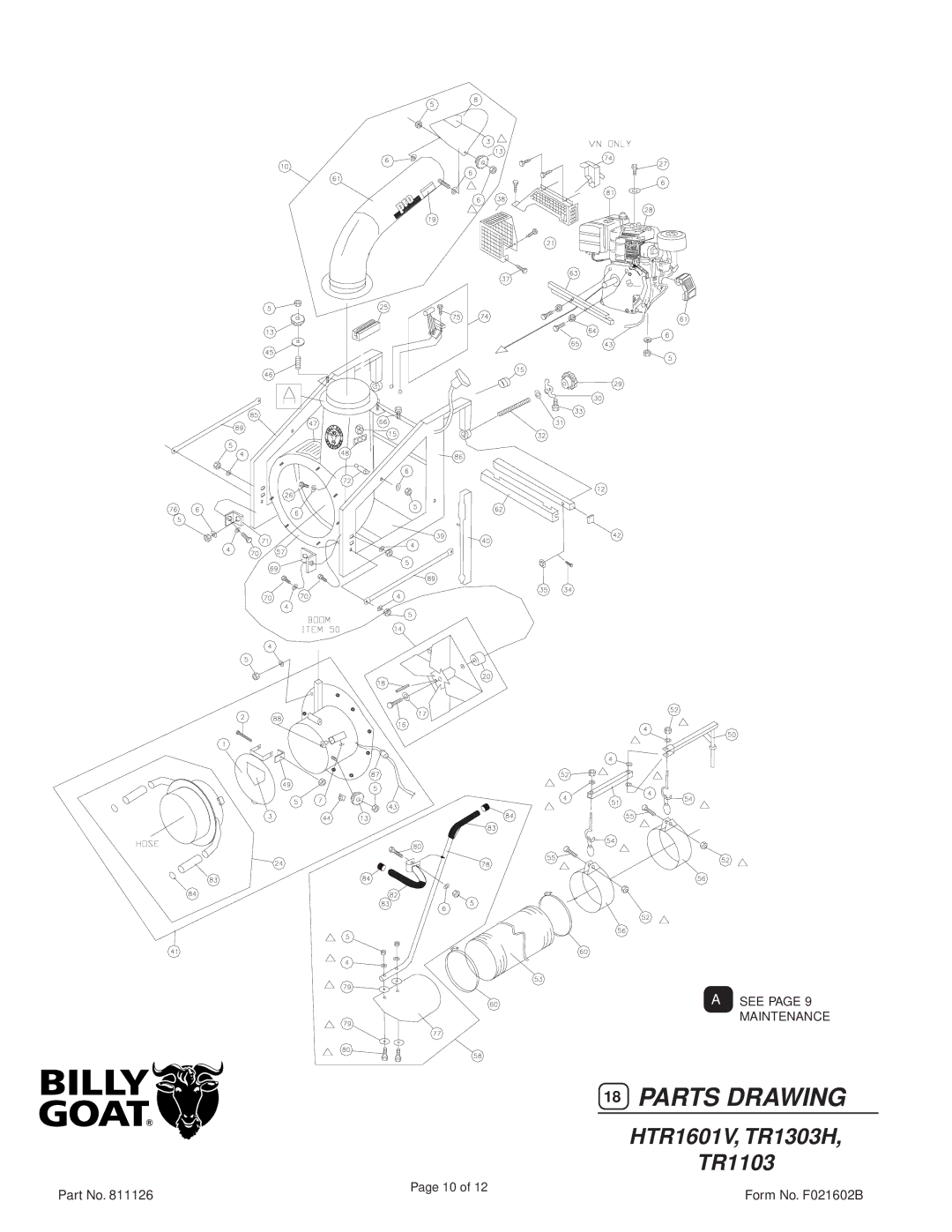 Billy Goat TR1303H, HTR1601V, TR1103 specifications Parts Drawing 