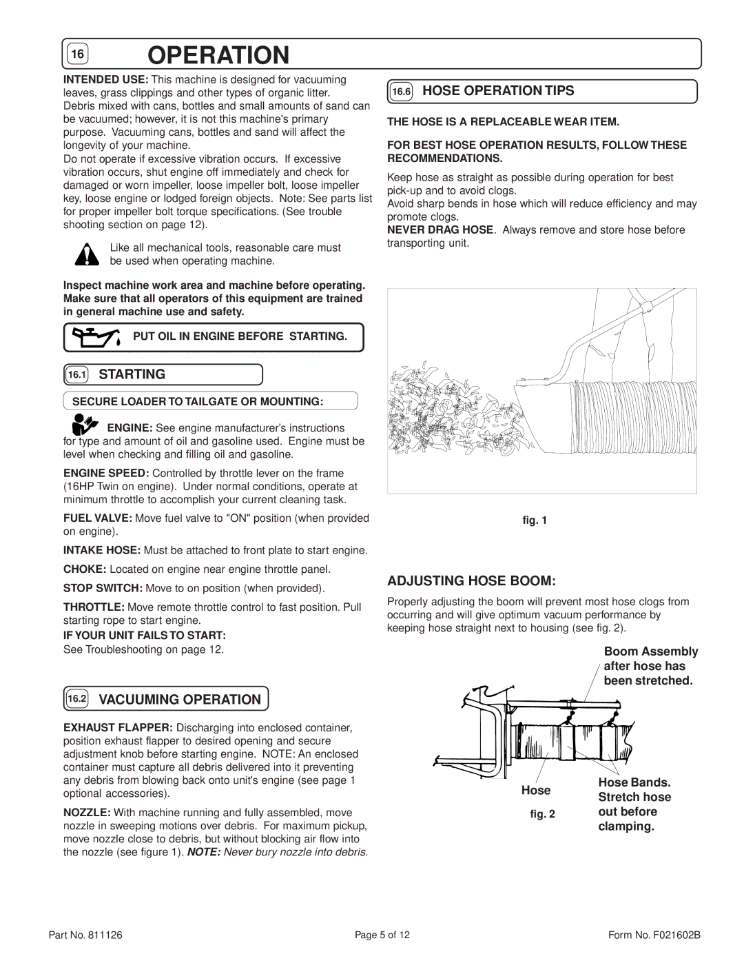 Billy Goat TR1103, HTR1601V, TR1303H specifications Starting, Hose Operation Tips, Adjusting Hose Boom, Vacuuming Operation 