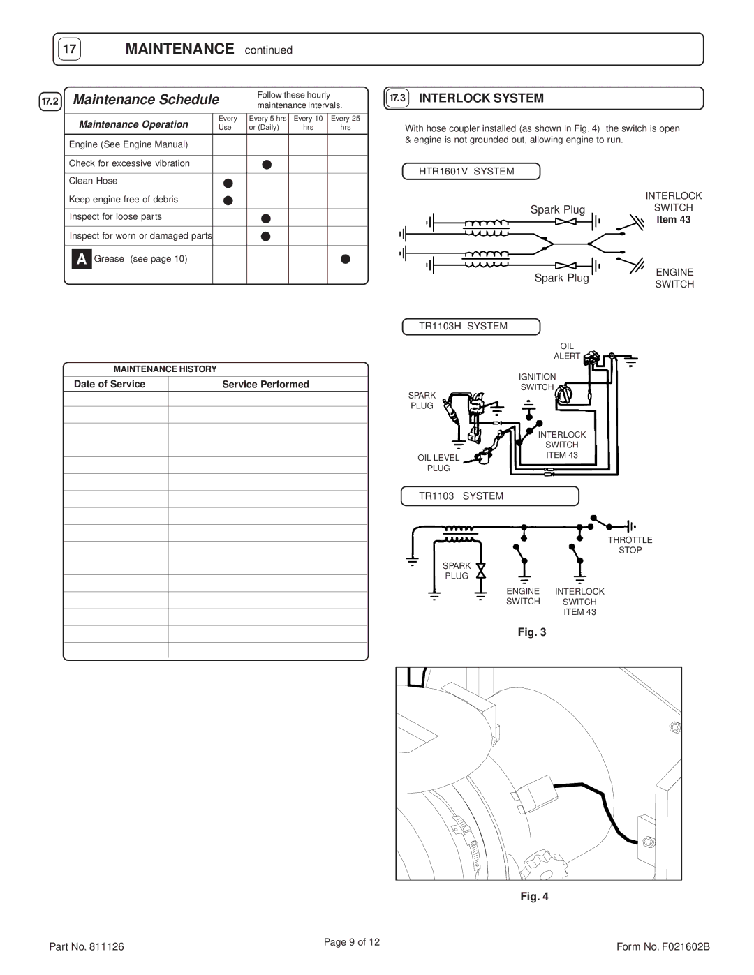 Billy Goat HTR1601V, TR1303H, TR1103 specifications Maintenance, Interlock System 