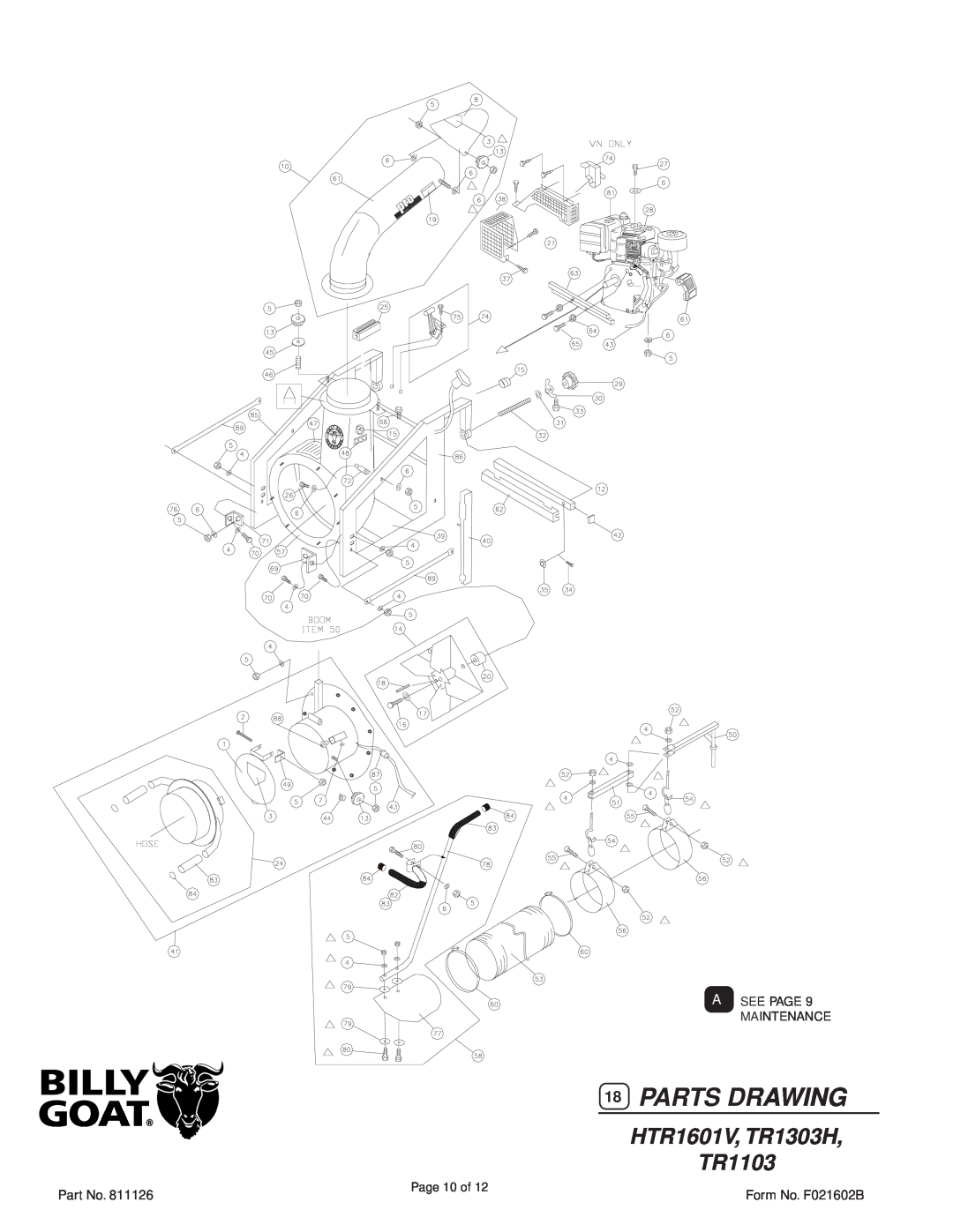 Billy Goat specifications Parts Drawing, HTR1601V, TR1303H TR1103 