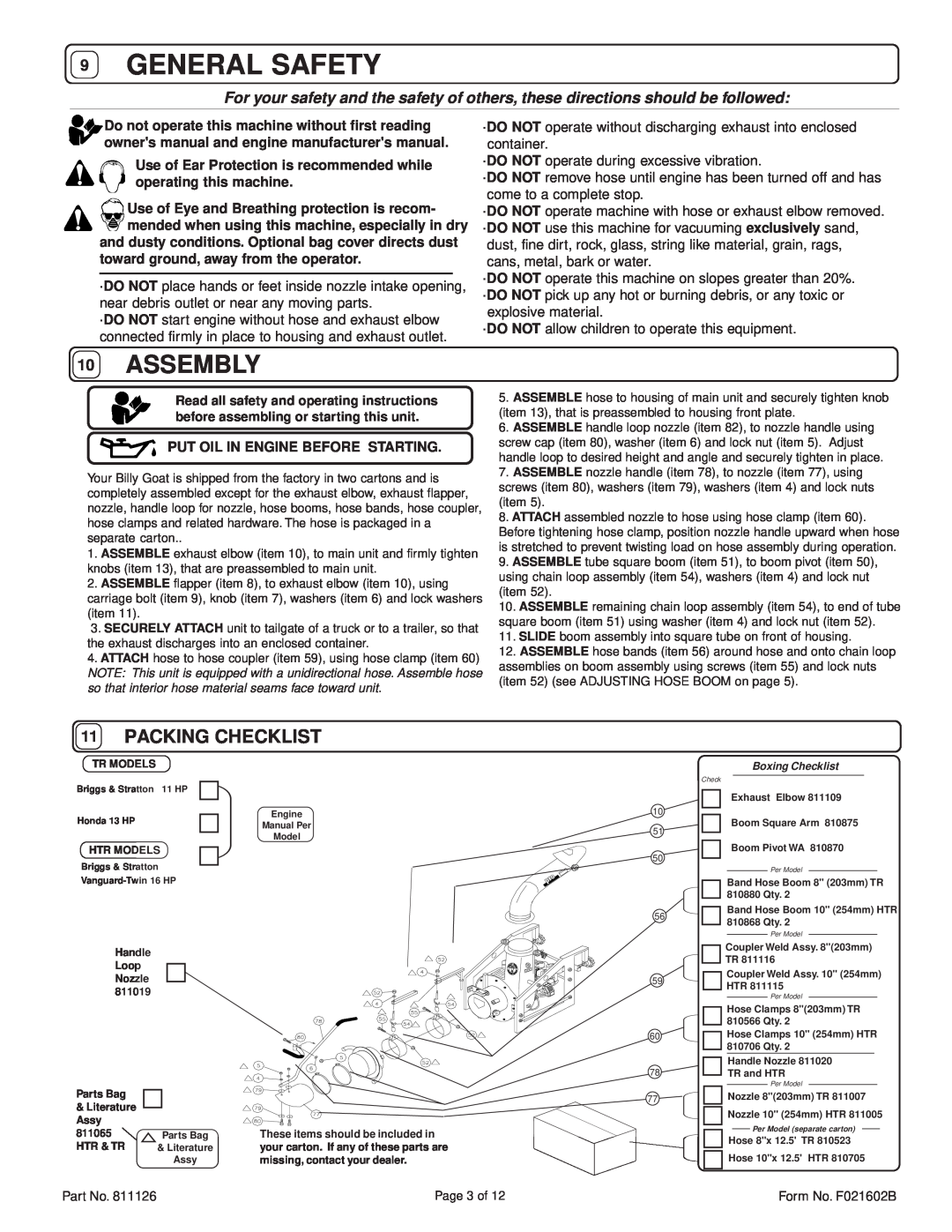 Billy Goat HTR1601V, TR1303H, TR1103 General Safety, Packing Checklist, Assembly, Put Oil In Engine Before Starting 