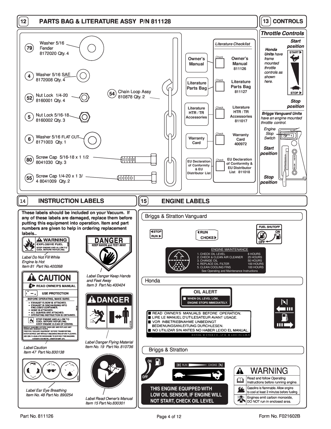 Billy Goat TR1303H Parts Bag & Literature Assy P/N, Instruction Labels, Engine Labels, Controls, Honda, Briggs & Stratton 