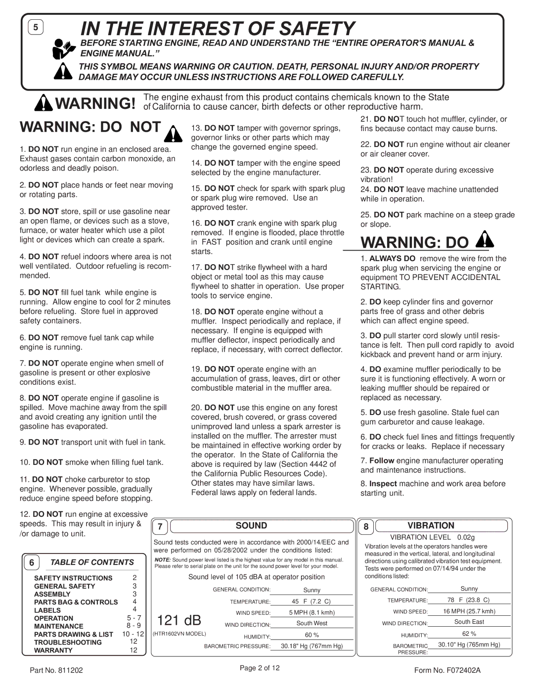 Billy Goat HTR1602V specifications Sound, 8VIBRATION, Table of Contents 