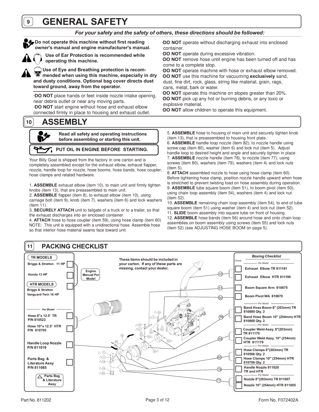 Billy Goat HTR1602V specifications PUT OIL in Engine Before Starting, Coupler Weld Assy mm Coupler Weld Assy 254mm HTR 