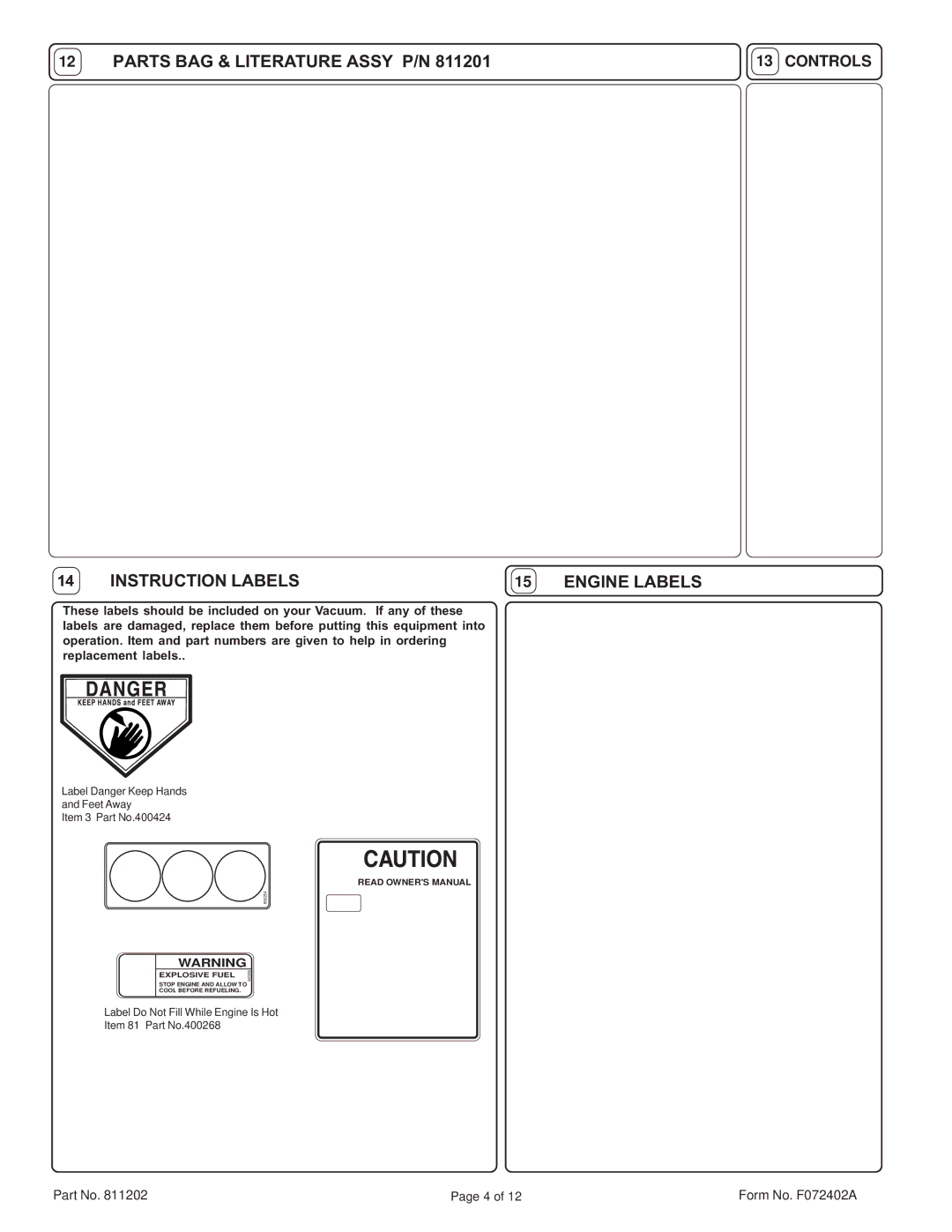 Billy Goat HTR1602V specifications Parts BAG & Literature Assy P/N, Instruction Labels, Engine Labels, Controls 