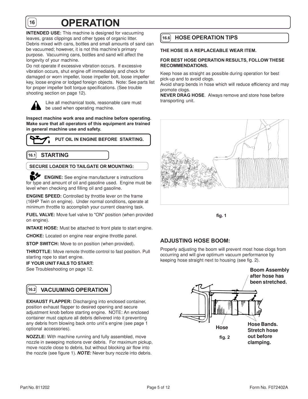 Billy Goat HTR1602V specifications Hose Operation Tips, Starting, Adjusting Hose Boom, Vacuuming Operation 