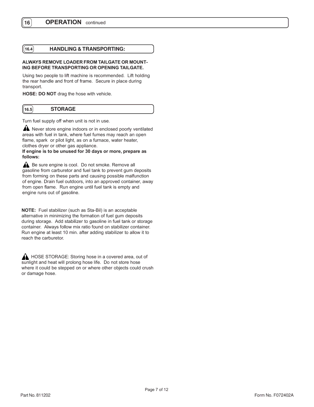 Billy Goat HTR1602V specifications Handling & Transporting, Storage 