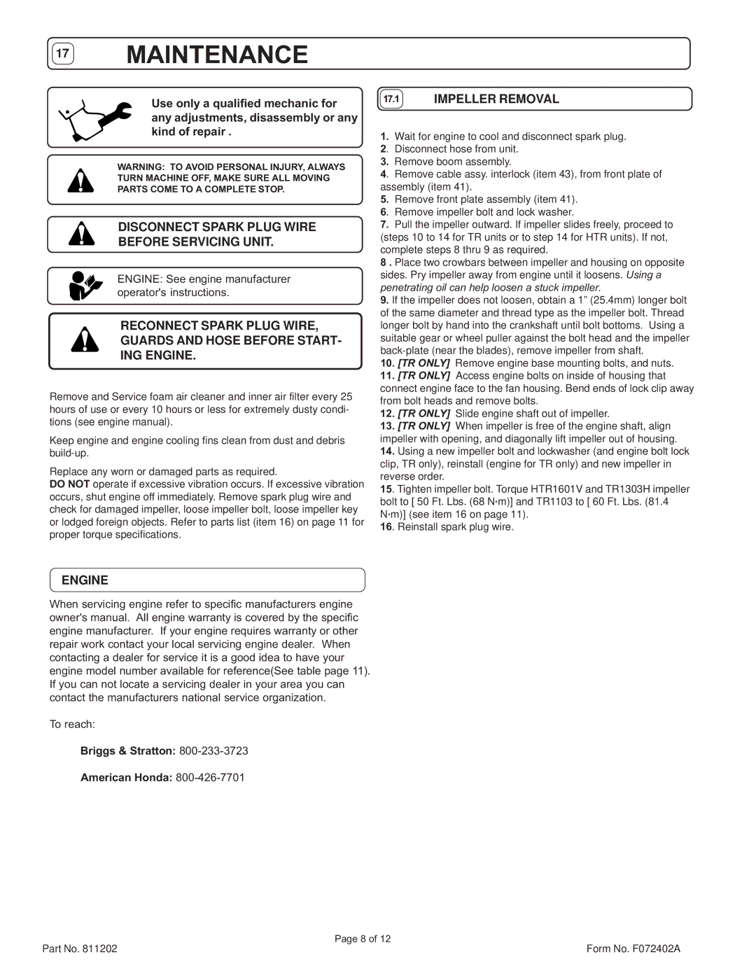 Billy Goat HTR1602V specifications Disconnect Spark Plug Wire Before Servicing Unit, Impeller Removal, Engine 