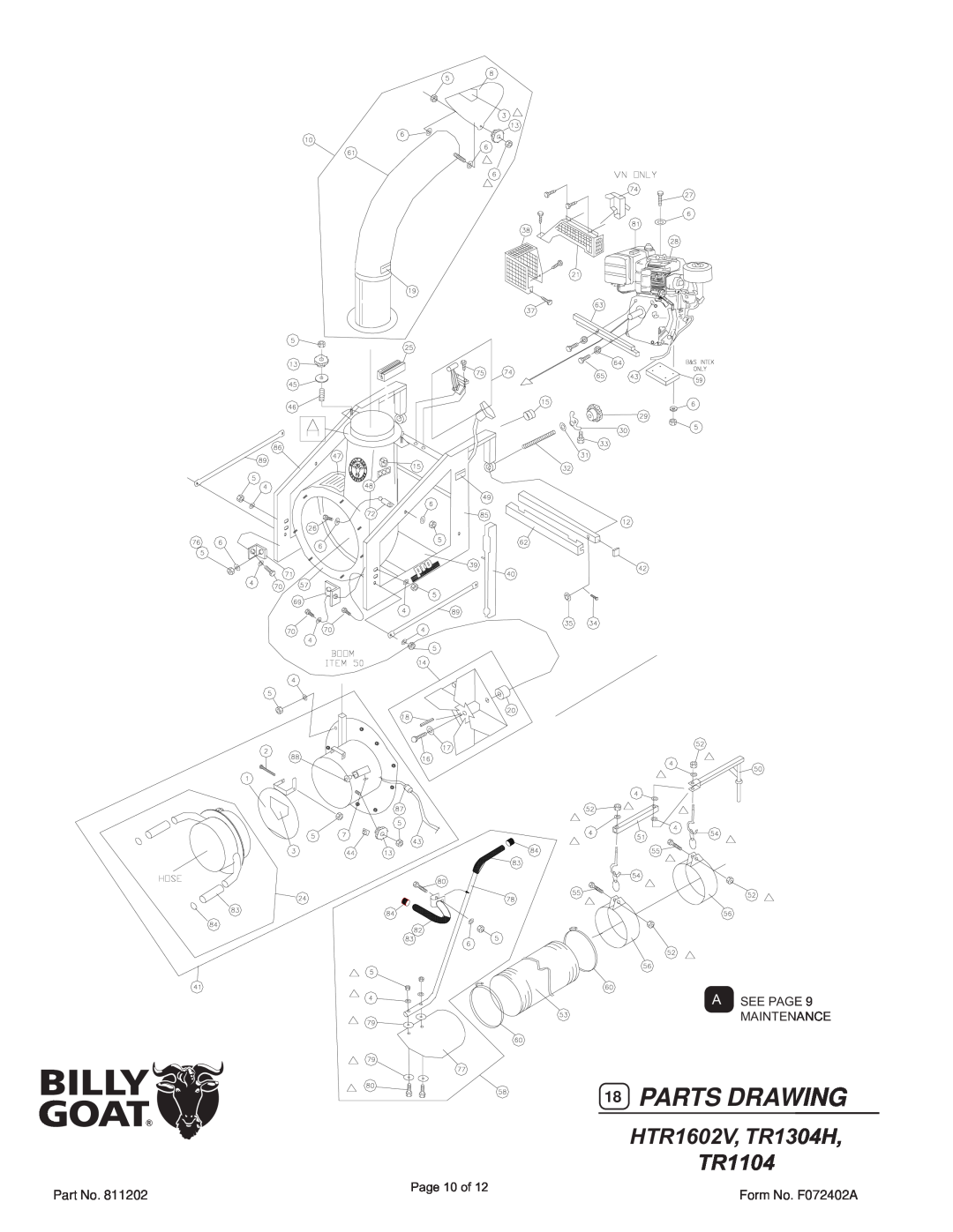 Billy Goat specifications Parts Drawing, HTR1602V, TR1304H TR1104 