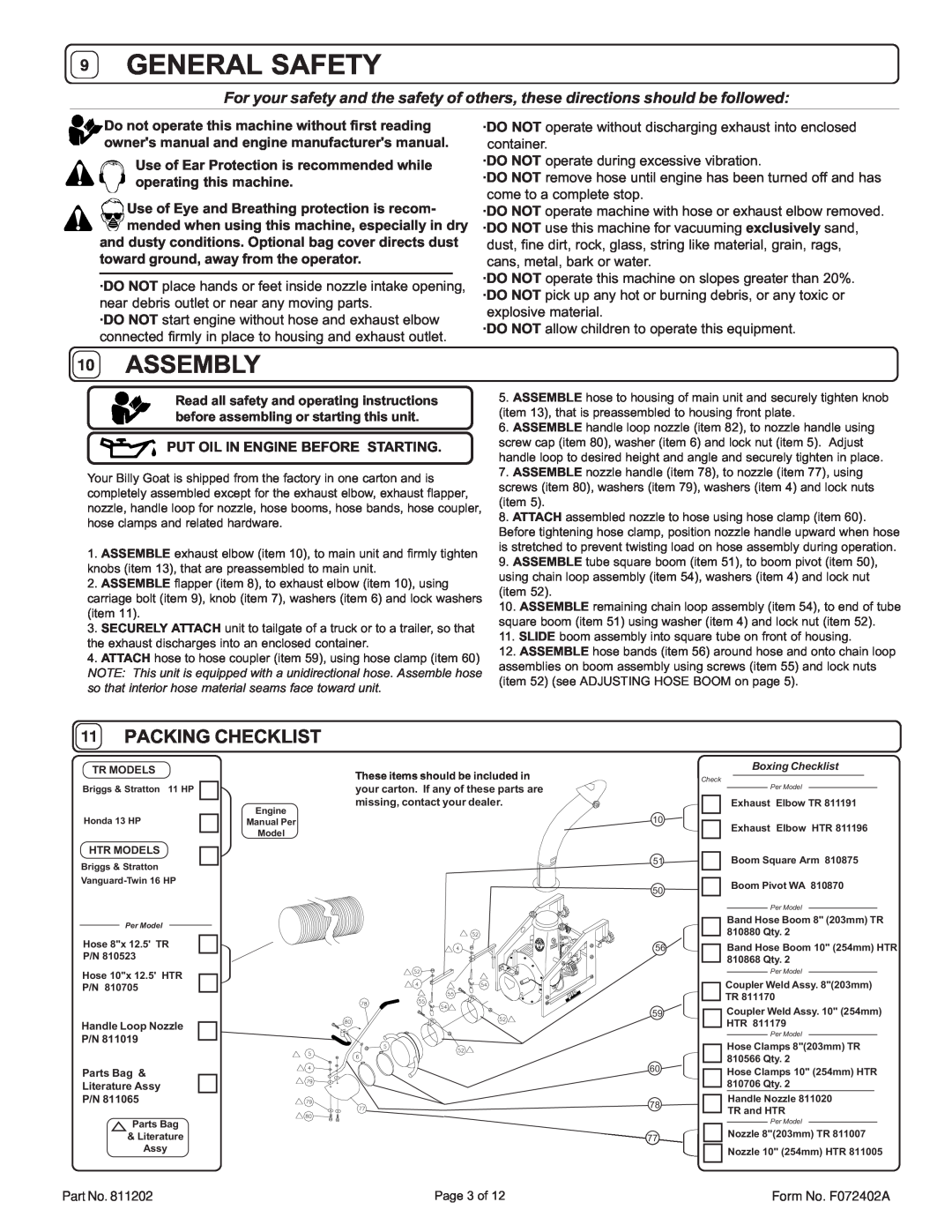 Billy Goat HTR1602V specifications General Safety, Assembly, Packing Checklist 