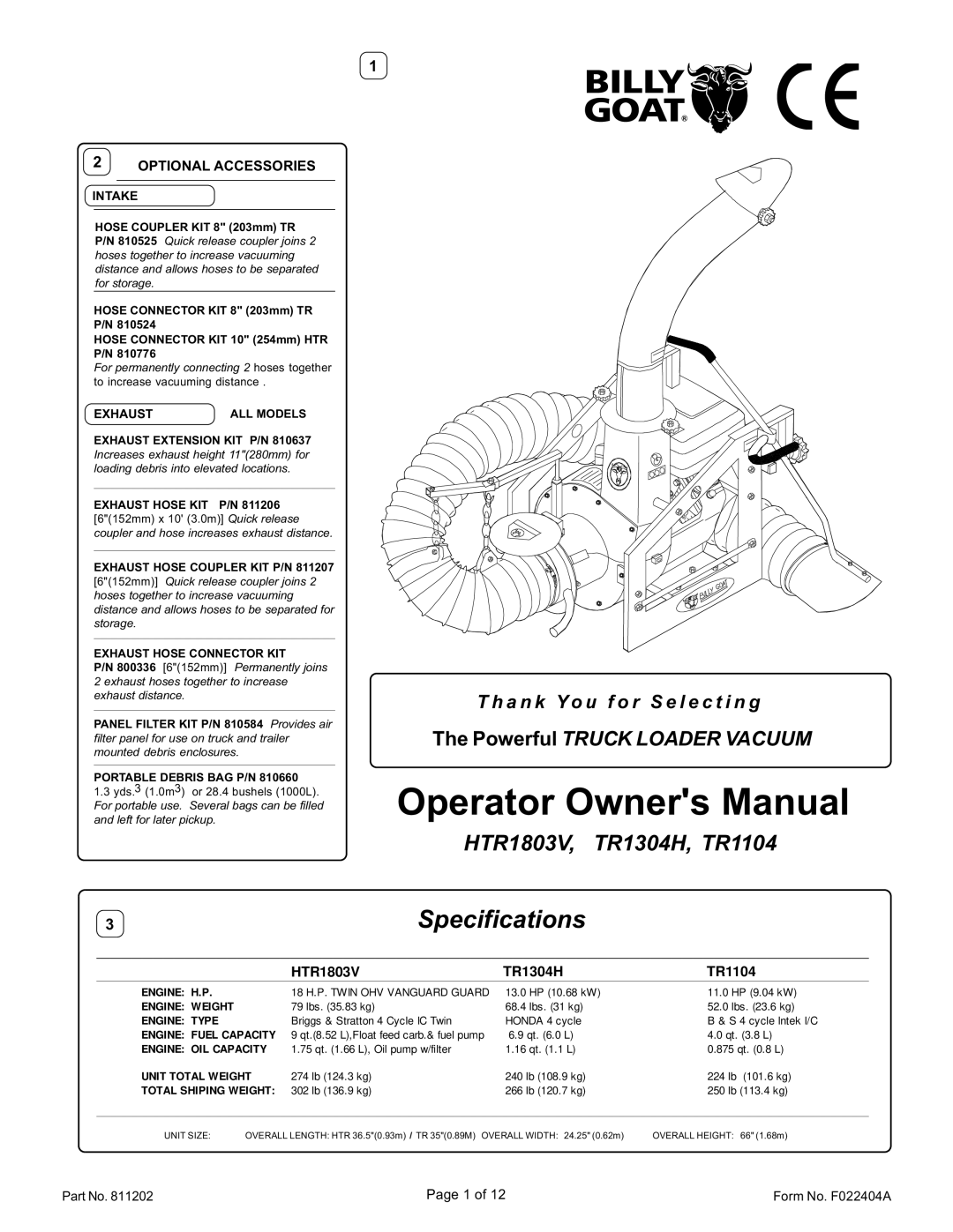 Billy Goat HTR1803V specifications A n k Yo u f o r S e l e c t i n g, Optional Accessories, Form No. F022404A 