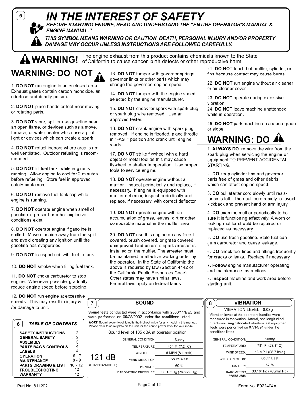 Billy Goat HTR1803V specifications Sound, Vibration, Table of Contents 