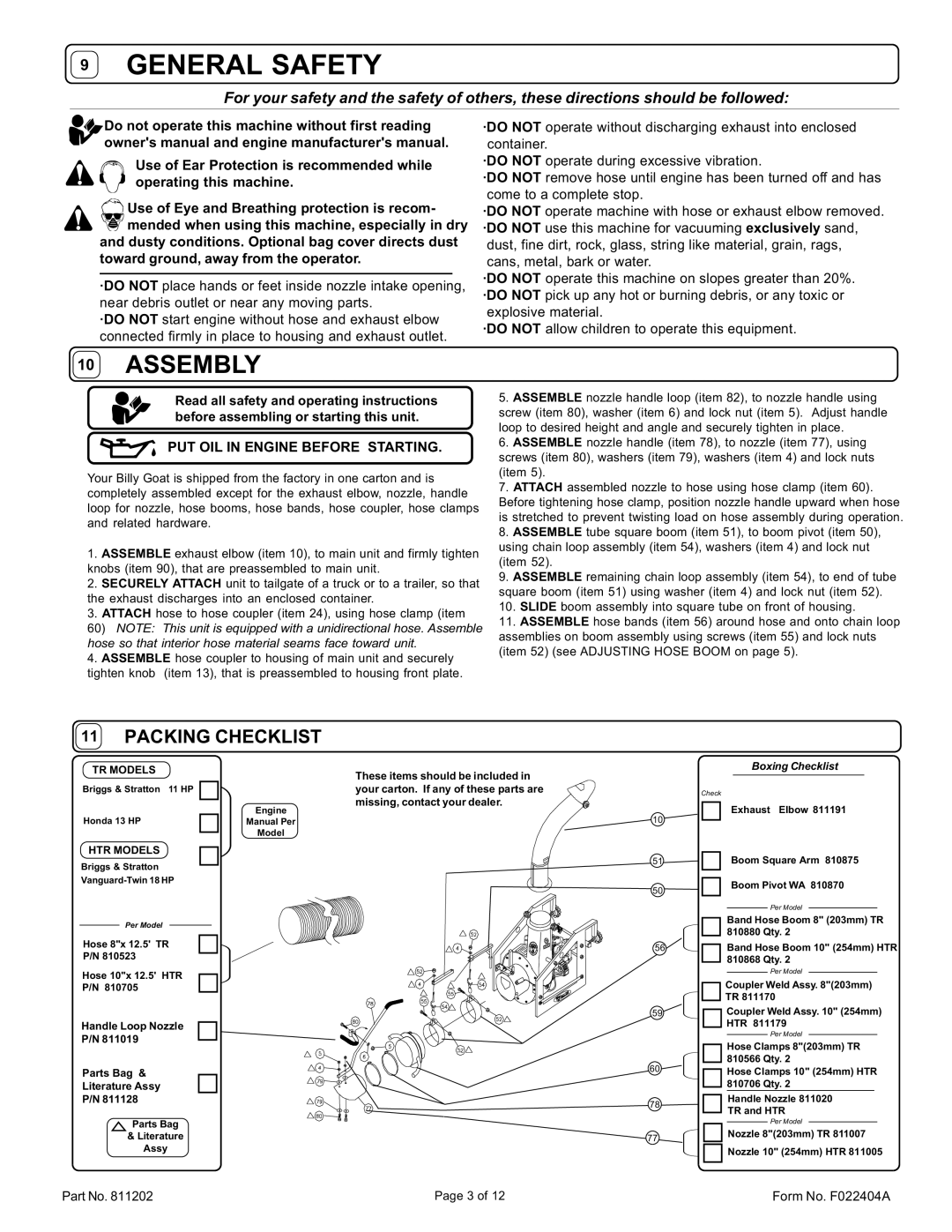 Billy Goat HTR1803V specifications PUT OIL in Engine Before Starting, Exhaust Elbow Boom Square Arm Boom Pivot WA 