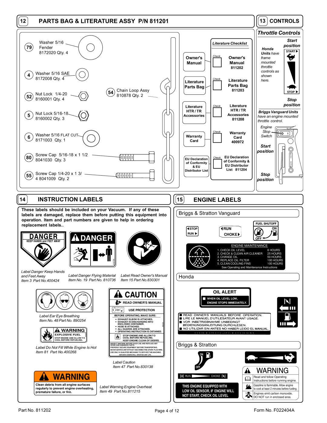 Billy Goat HTR1803V specifications Parts BAG & Literature Assy P/N, Instruction Labels, Engine Labels, Controls 