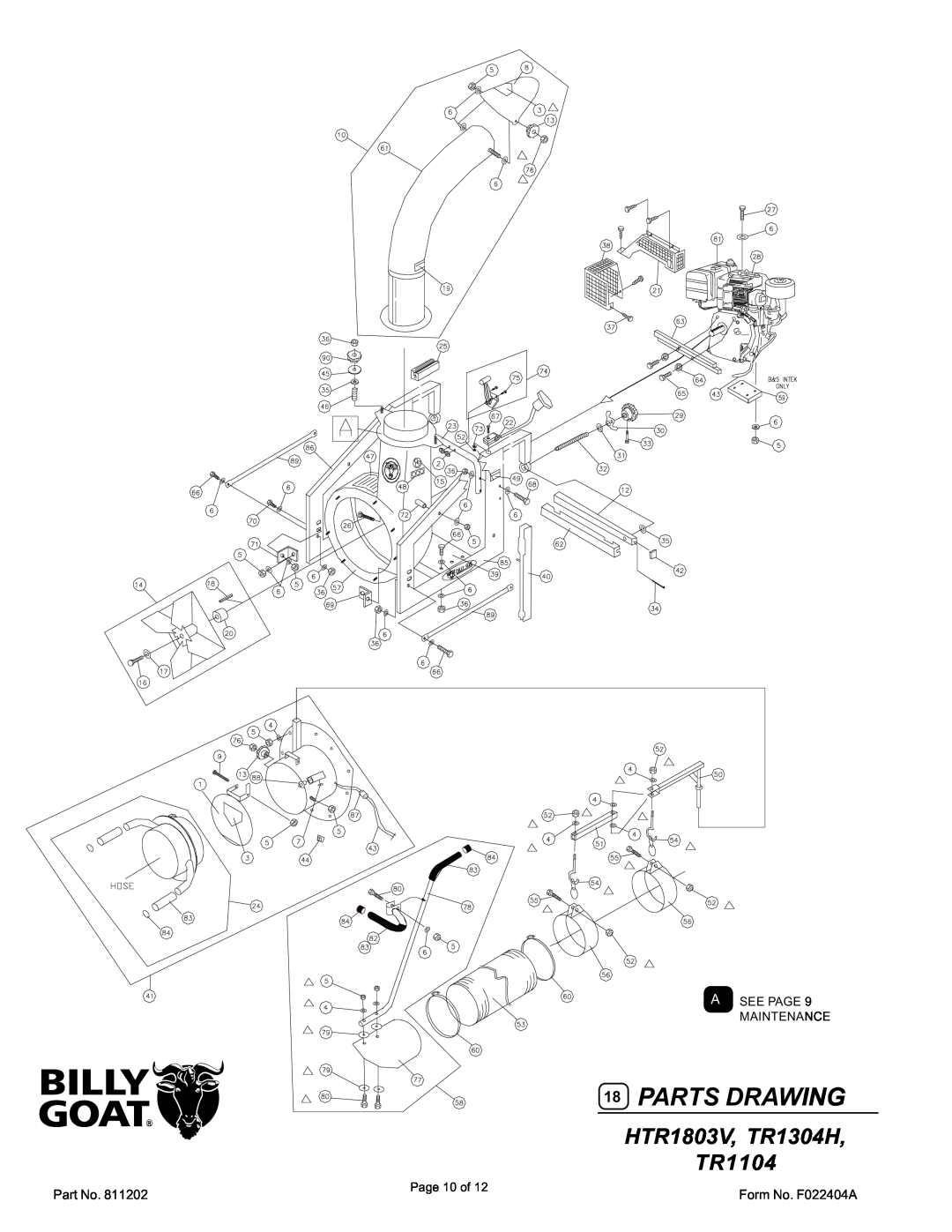 Billy Goat specifications Parts Drawing, HTR1803V, TR1304H TR1104 